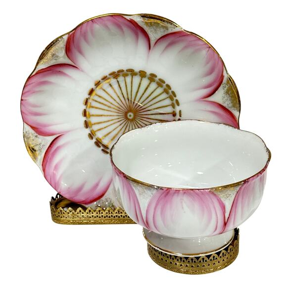 EW Princess Japan bowl & saucer set white pink gold lotus flower porcelain - Picture 1 of 9